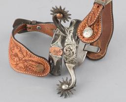 Ornate pair of Clint Martin, double mounted Spurs, #609, beautiful hand engraved silver overlay and