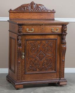 Heavily carved antique oak Home Bar, circa 1900, attributed to R.J. Horner, 49" T x 31 1/2" W x 20"