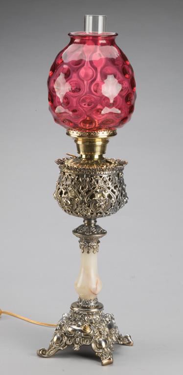 Beautiful, Victorian Banquet Lamp with fancy brass font and onyx column, circa 1890s, with 8" diamet