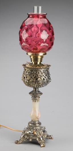 Beautiful, Victorian Banquet Lamp with fancy brass font and onyx column, circa 1890s, with 8" diamet