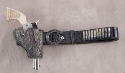 Unique leather Holster and Belt Rig.  Holster is covered with silver, with matching snap and buckle.