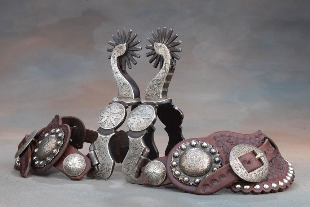 Unique pair of double mounted, sterling overlaid Spurs by Texas Bit and Spur Maker Wayne Paul, #501.