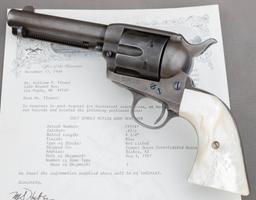 An historical Arizona Territory shipped Colt SAA Revolver with carved pearl grips and Holster Rig.