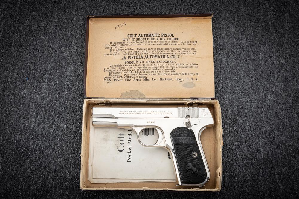 Texas shipped Colt, Model 1908, Auto Pistol, .380 caliber in original box, SN 80490, nickel finish w