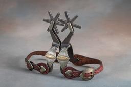 Outstanding pair of hand engraved, double mounted Spurs by noted Oklahoma Bit and Spur Maker Jerry W