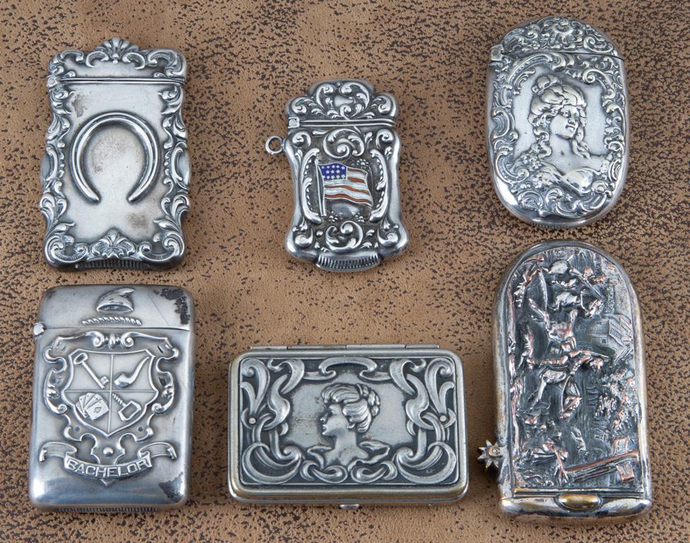 Collection of six vintage Match Safes, three are marked "Sterling", one is coin silver, the others a