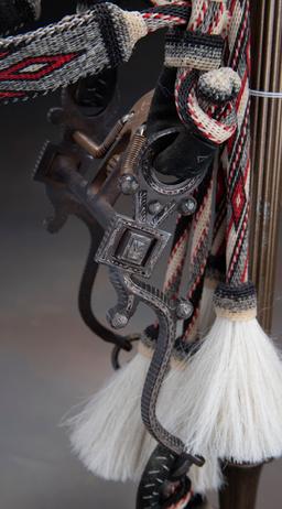 Multi-color, prison made, hitched braided Bridle in red, gray black and white with 14 tassels, multi