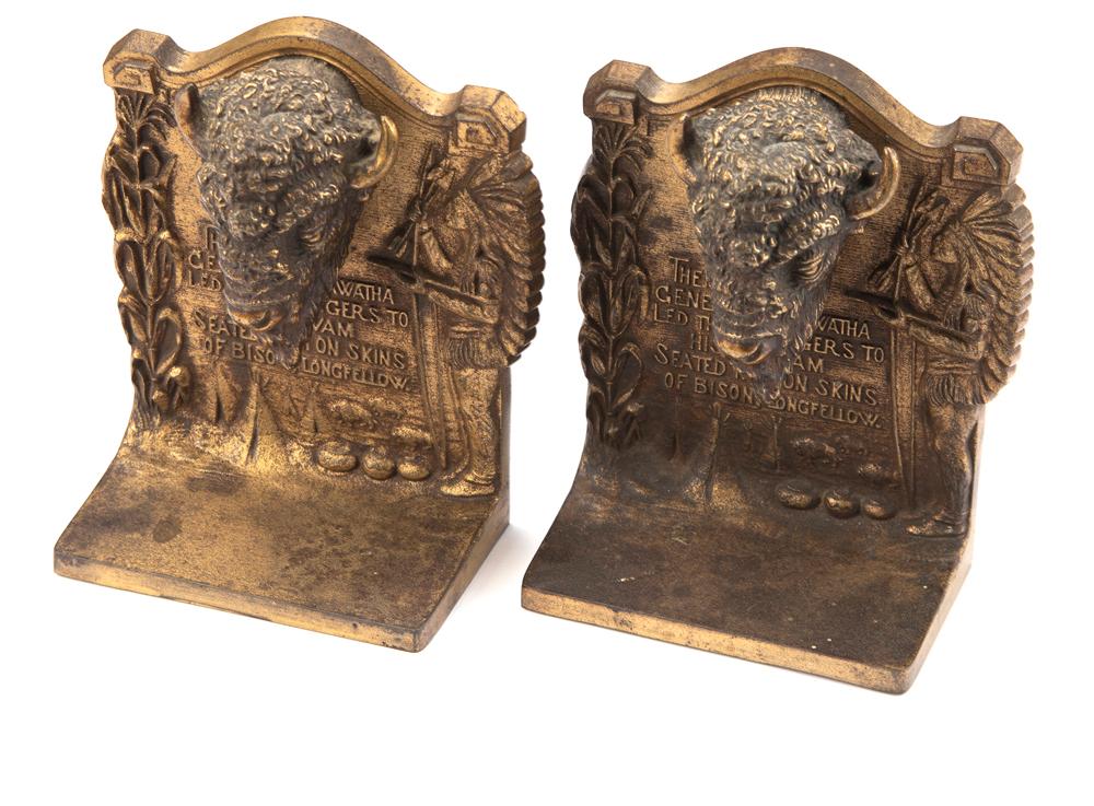 A pair of early signed "Bradley & Hubbard" cast iron Buffalo Book Ends, with original gold wash fini