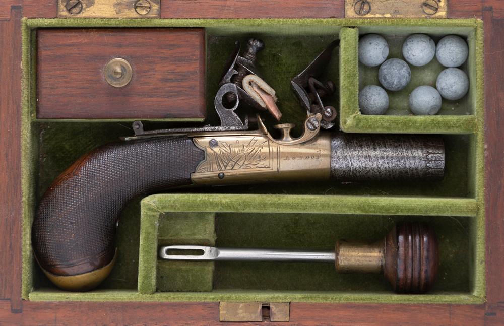 Cased, Engraved Flintlock Derringer, small size, .50 caliber, single shot derringer with approximate