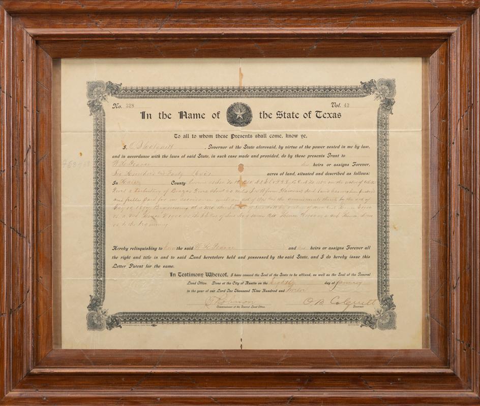 Framed Document signed by the Governor of Texas, O.B. Colquitt, granting 640 acres to William Huston