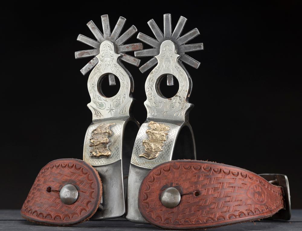 Outstanding pair of double mounted Spurs, #2266, by noted Bit and Spur Maker, the late R.F. Ford.  C