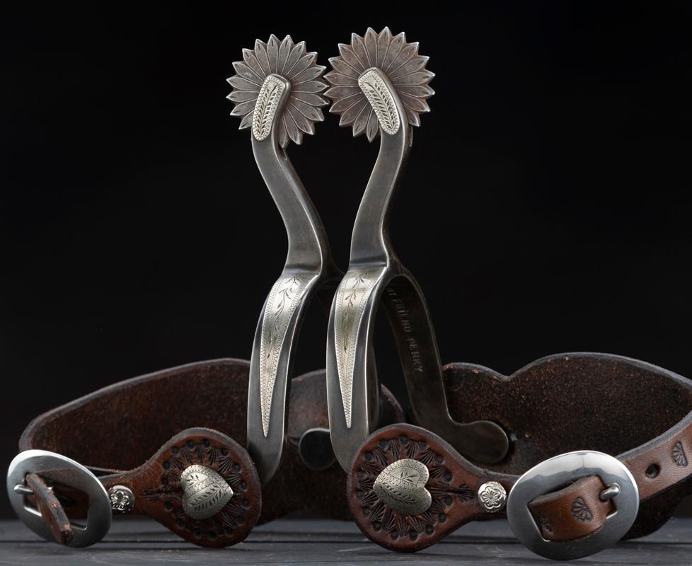 One of a kind pair of Presentation Spurs by noted Oklahoma Bit and Spur Maker Jerry Wallace.  Spurs 