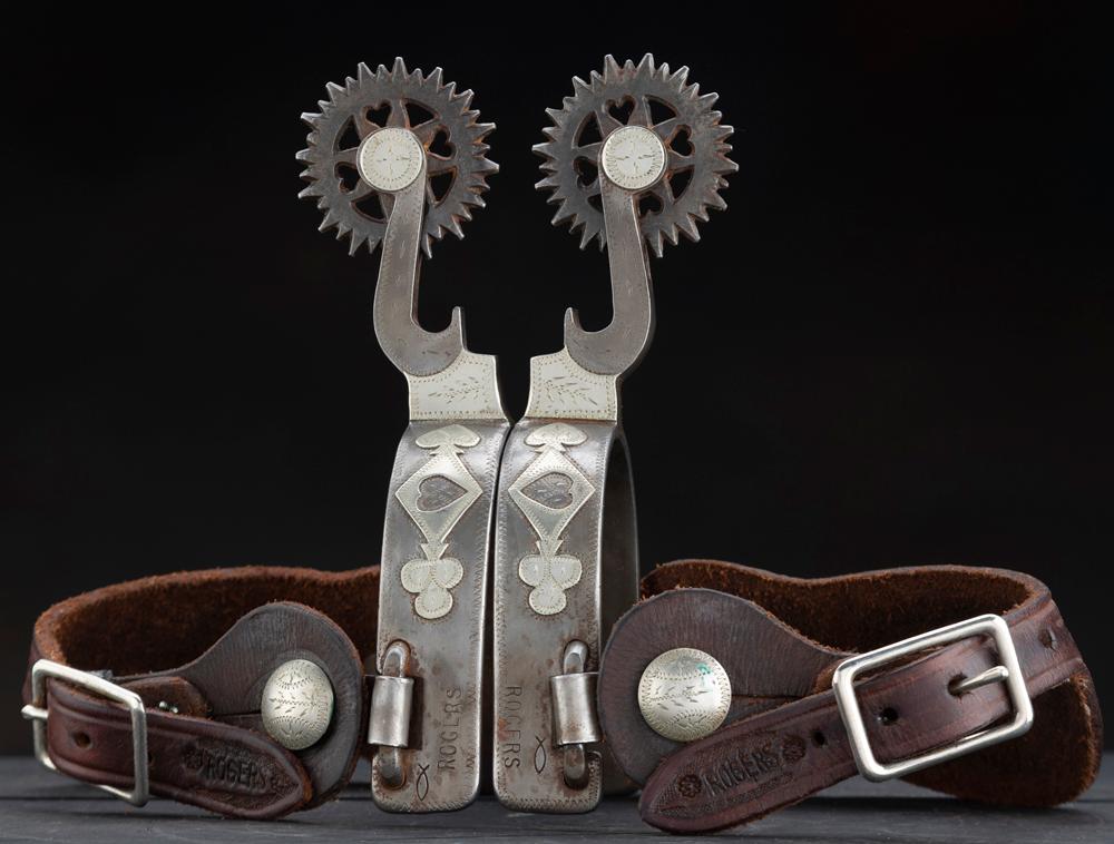 Fine pair of double mounted Spurs by noted Texas Bit and Spur Maker Gene Rogers, done in the card su