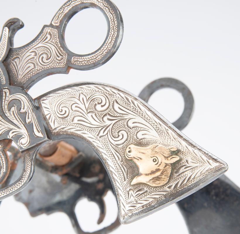 Incredible silver overlay Pistol Bit with hand engraved silver with raised gold horsehead on grips m