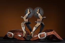 Magnificent pair of double mounted, hand engraved Spurs by the noted West Bountiful, Utah Bit and Sp