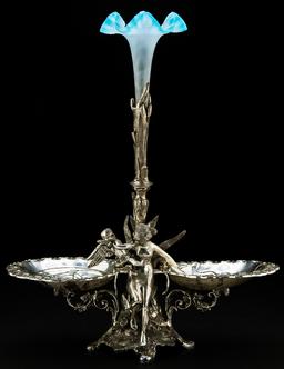 Beautiful antique, heavily silver plated, ornate two-piece Epergne, circa 1890-1910, with 6" footed