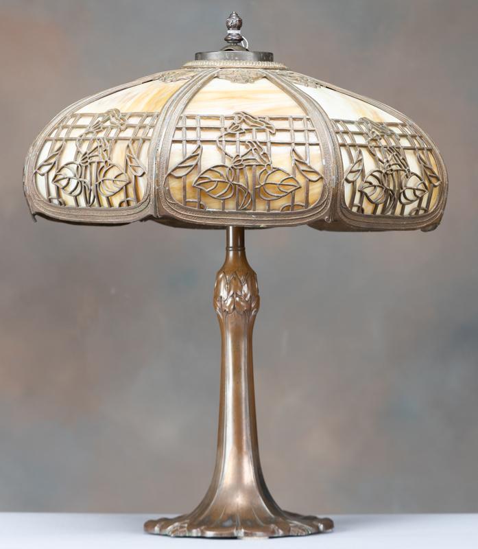 Antique slag glass, multi-panel Table Lamp, circa 1920-1925, attributed to Chicago Lamp Co., 17 1/2"