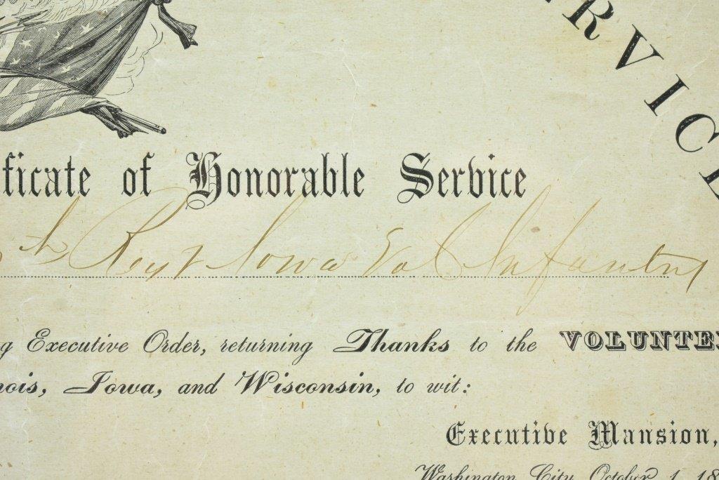 1864 Civil War Certificate Of Honorable Service, Iowa 47th Vol. Infantry