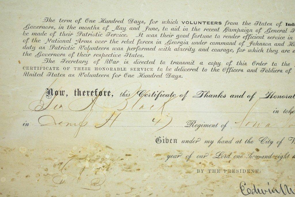 1864 Civil War Certificate Of Honorable Service, Iowa 47th Vol. Infantry