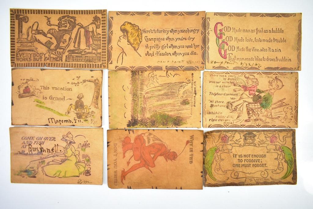 (22) Early 1900's Leather Postcards (Sells Together)