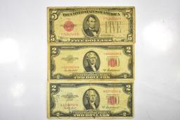 (3) Five Dollar & Two Dollar Red Seal Notes