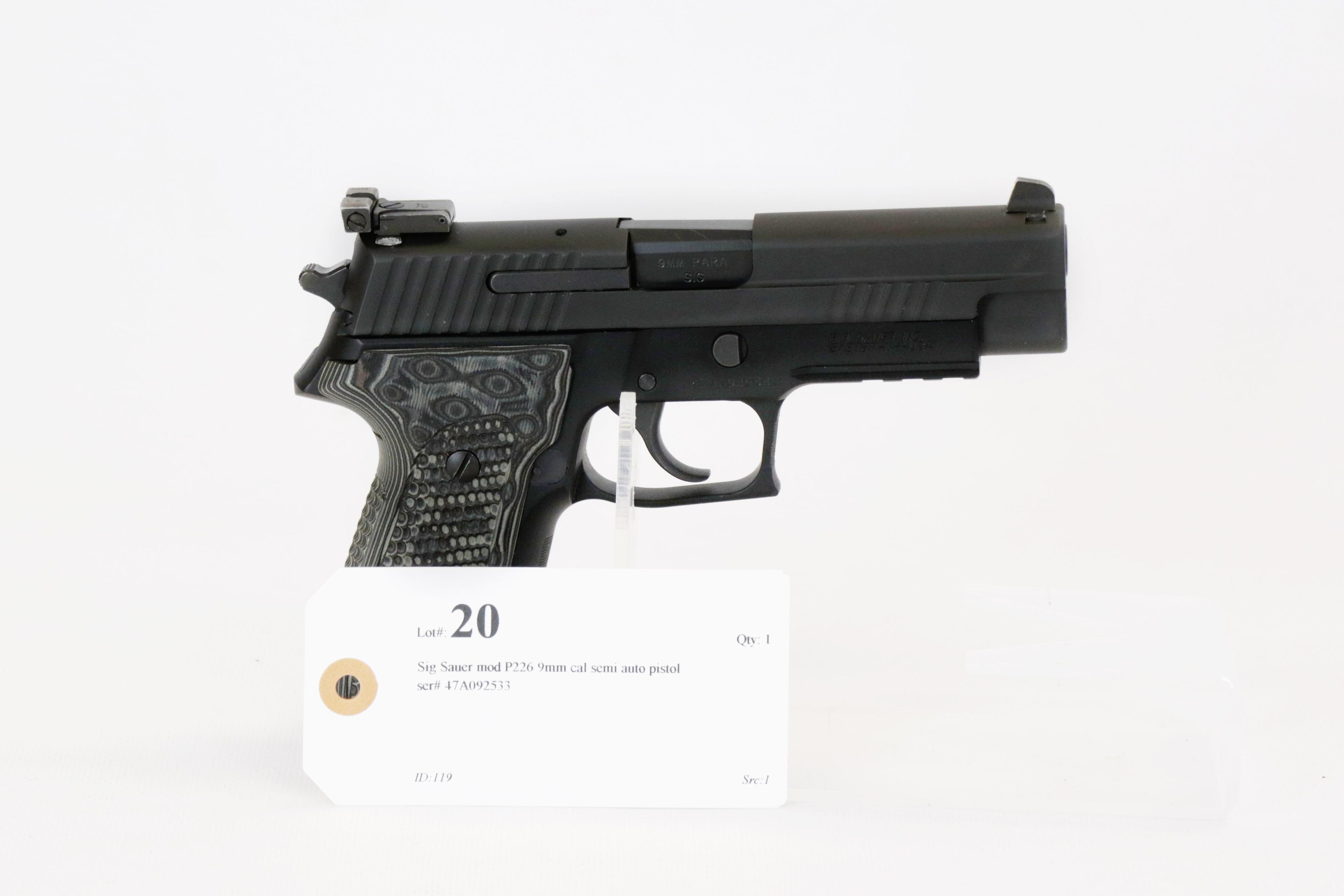 Sig Sauer mod P226 9mm cal semi auto pistol