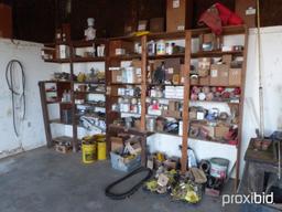 SHELF FULL OF CAT PARTS & JOHN DEERE BEARINGS,