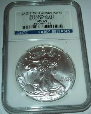 2011 NGC MS69 American Silver Eagle 1 troy oz. .999 Fine Silver Dollar Early Release 25th Anniv