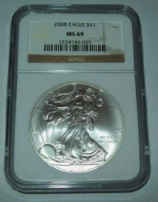 2008 NGC MS69 American Silver Eagle 1 troy oz. .999 Fine Silver Dollar