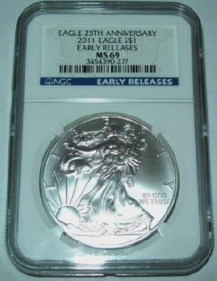 2011 NGC MS69 American Silver Eagle 1 troy oz. .999 Fine Silver Dollar Early Release 25th Anniv