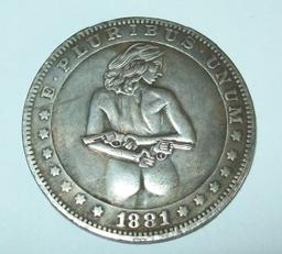 1881-CC Morgan Dollar Nude Lady with Pistols Fantasy Coin