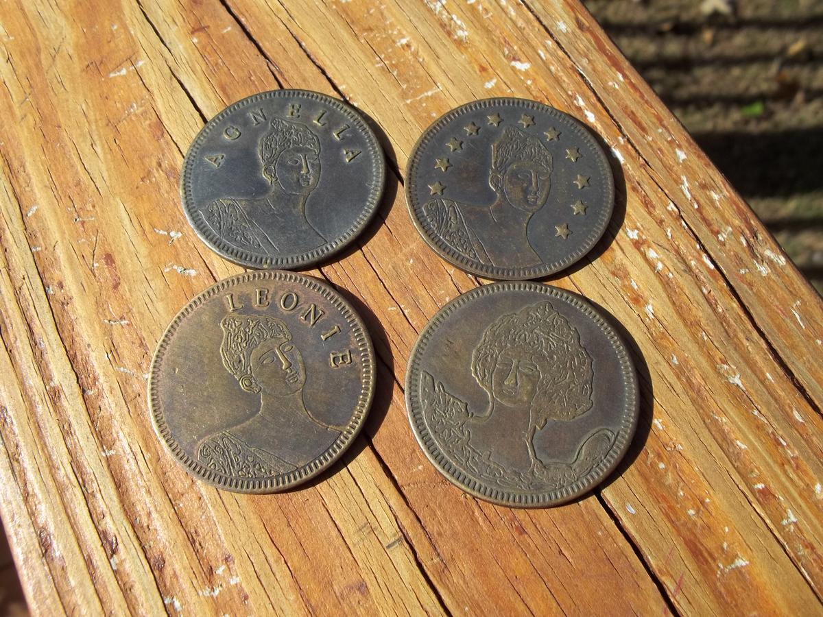 4 Brass Brothel Cat House Tokens Coins Chicago Denver Paris Ladies Of The Evening