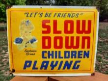 Large Heavy Porcelain Sunbeam Bread Sign Slow Down Children Playing