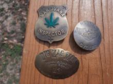 Lot of 3 Brass Badges Marijuana Inspector Zig Zag Man & Harley Davidson Badge