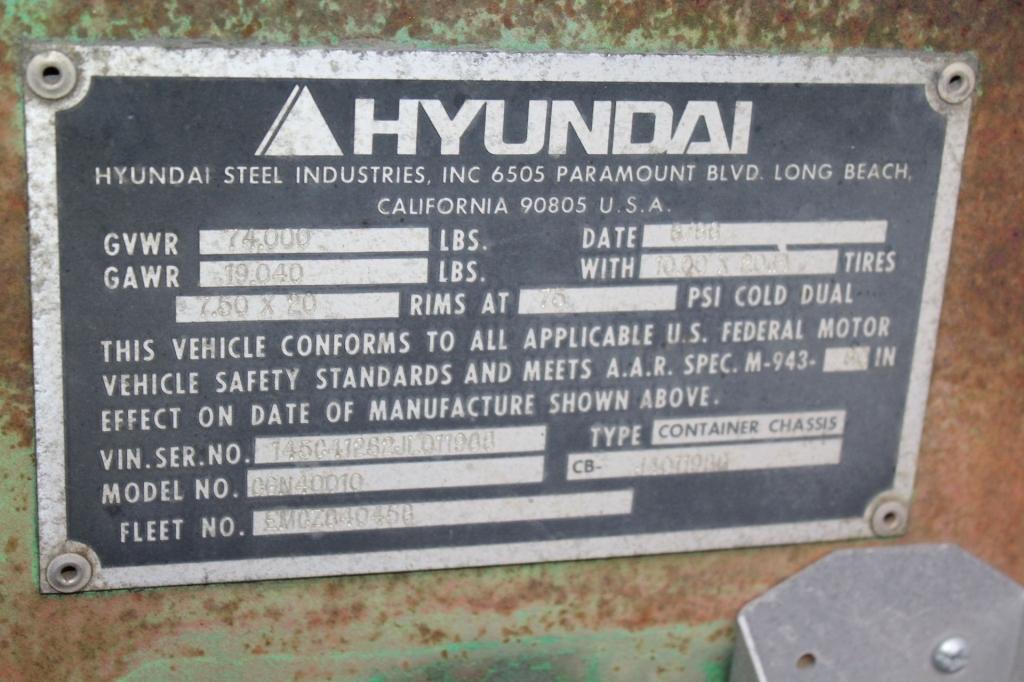 1988 Hyundai Model CGN40010 40' Container Chassis VIN: 145C412S2JL011988  Vin # 145C412S2JL011988