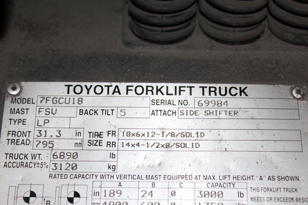 Toyota Model 7FGCU18 Forklift - 3000lb. Cap. S/N 69984. LP Gas, Triple Stage Mast w/Side Shift, 21,4