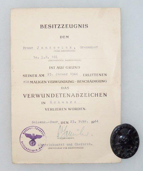 WW2 German Grenadier Wound Badge w/ Award Document-Named
