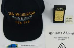 USS Archerfish Submarine (SSN-678) Zippo/Buckle/Cap Insignia Grouping