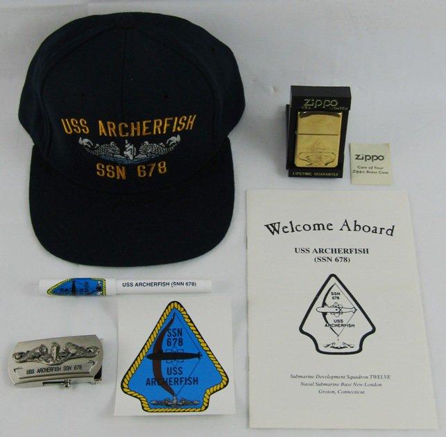 USS Archerfish Submarine (SSN-678) Zippo/Buckle/Cap Insignia Grouping