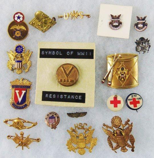 18pcs-Misc. WW2 Period Homefront/Patriotic Pins/Badges-Cap Device