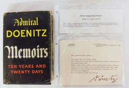 1st Edition Hard Back "Memoirs" By Admiral Doenitz With Original Signed Letter Dated 1980