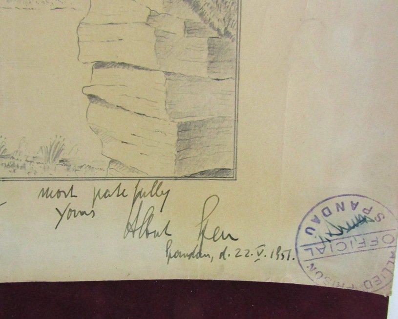 Original Pencil Sketch Drawing With Hand Written Dedication-Signed Albert Speer-Spandau Prison