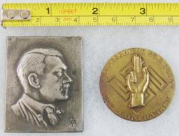 2pcs-Miniature Metal Hitler Bust Plaque-1934 Gau Mainfranken Political Leaders Badge