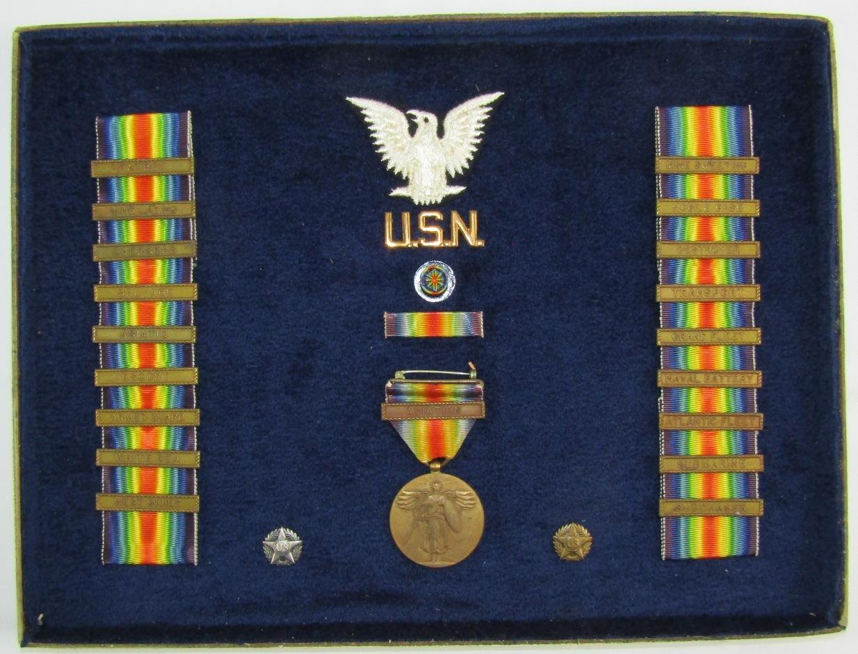 WW1 United States Navy Framed Victory Medal/Victory Medal Ribbon Campaign Clasps Display