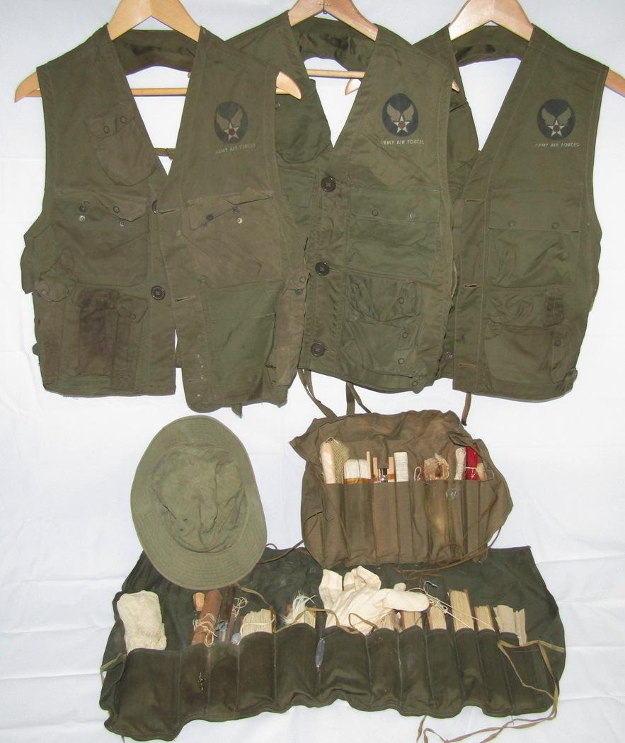 6pcs-WW2 U.S. C-1 Survival Vests-HBT Sun Hat-Survival Fishing Kits