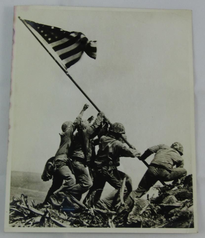 Scarce Early Press Photo Of Iwo Jima Flag Raising With Reverse Rosenthal Credit Stamping