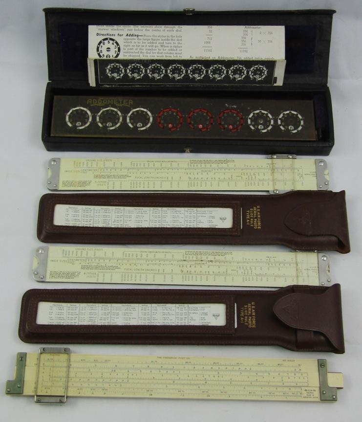 4pcs-1920's Addometer W/Case-2 Type A-1 USAF Aerial Photo Slide Rules-Occupied Japan Slide Rule