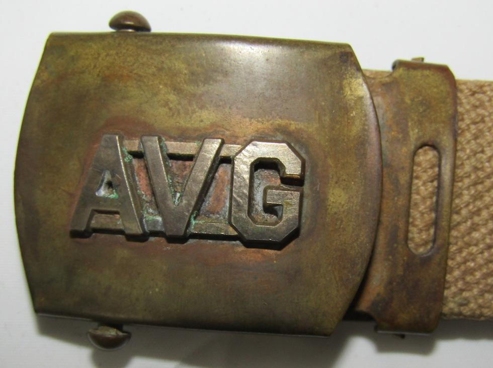 WW2 Period U.S. Military Belt/Brass Buckle With AVG American Vol. Grp-Flying Tigers Insignia