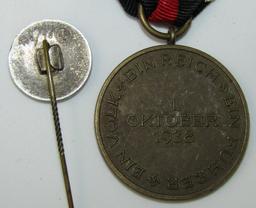 3pcs-WW2 Kriegsmarine EM Cap Device-Welfare Stickpin-Sudetenland Medal W/Ribbon Clasp