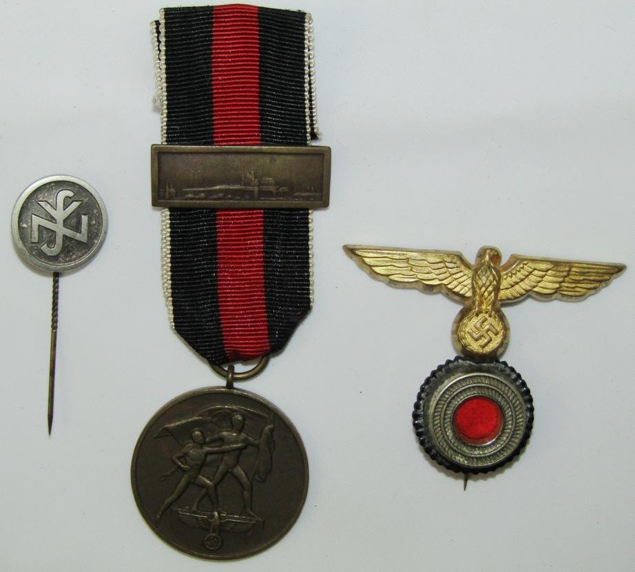 3pcs-WW2 Kriegsmarine EM Cap Device-Welfare Stickpin-Sudetenland Medal W/Ribbon Clasp